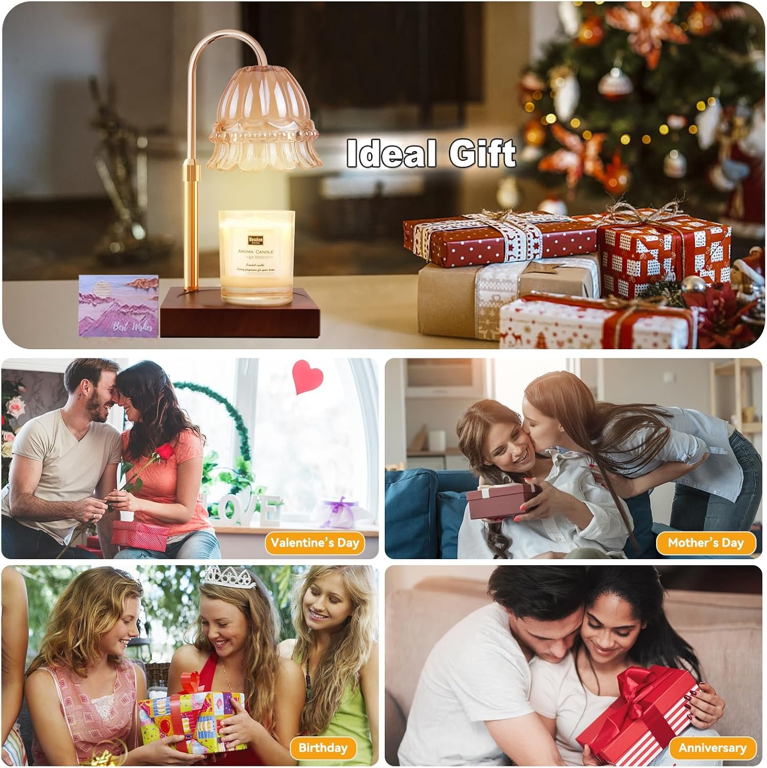 TOACSUCP Candle Warmer Lamp with 3 Bulbs, Adjustable Height Dimmable Candle Warmer with Timer, Compatible with Large Jar Candles, Flower Candle Warmer with Charming Gift Box Ribbon(Light Brown) - Image 6